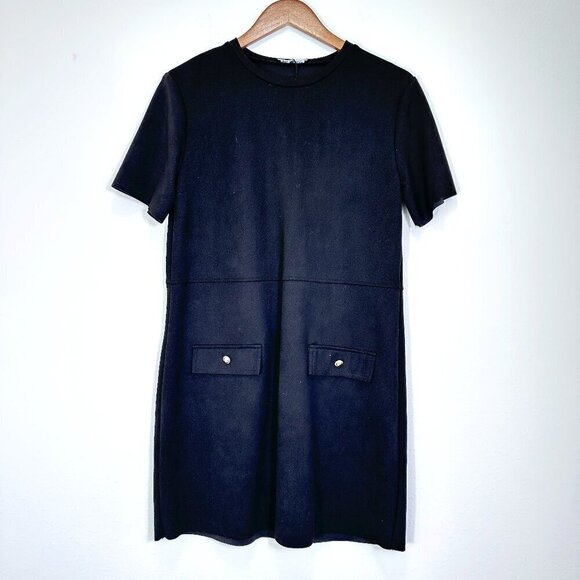 Zara Black Drop Waist Shift Dress Pockets Polished Preppy Size Medium - Picture 1 of 9